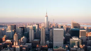 Modern business district skyline at dusk overlooking river.