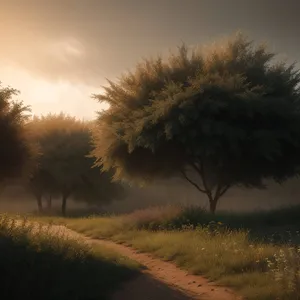 Golden Sunset Over Rural Landscape with Tree and Horizon