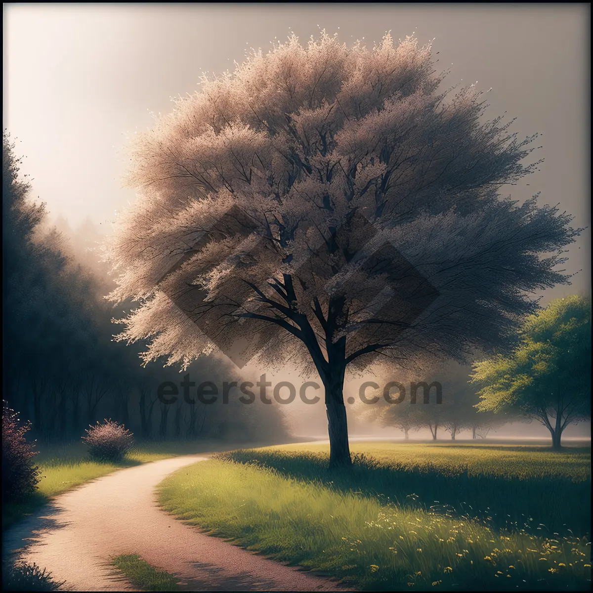 Picture of Sunset horizon over scenic park bench in rural field