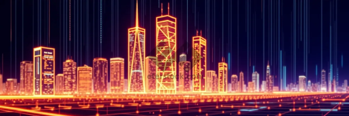 Picture of Modern city skyline with illuminated skyscrapers at night