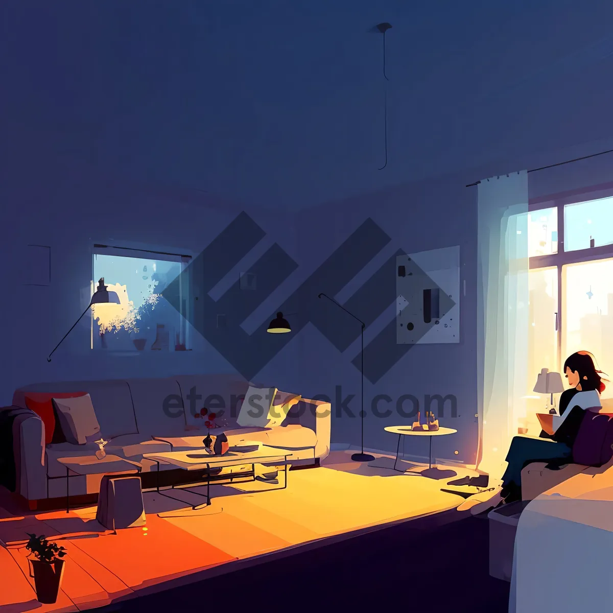 Picture of Modern luxury restaurant interior with wooden furniture and lamp lighting.