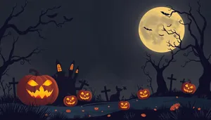 Cartoon Halloween Night in the Cemetery with Moon