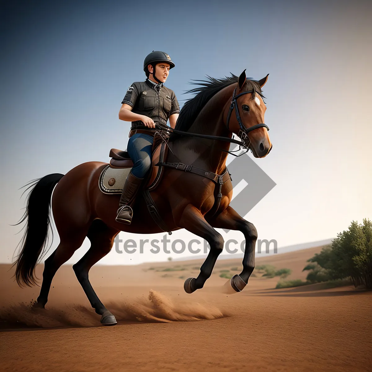Picture of Brown Thoroughbred Stallion Galloping in Field