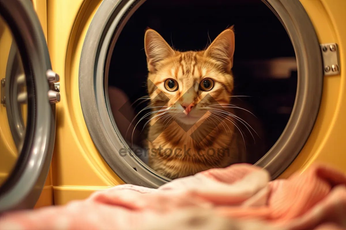 Picture of Adorable kitten with curious eyes in front of washer