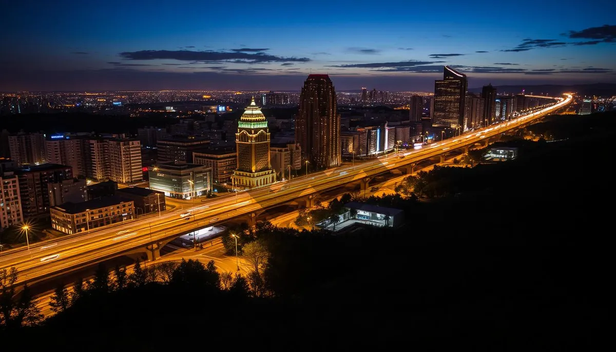 Picture of Modern city skyline with suspension bridge at sunset