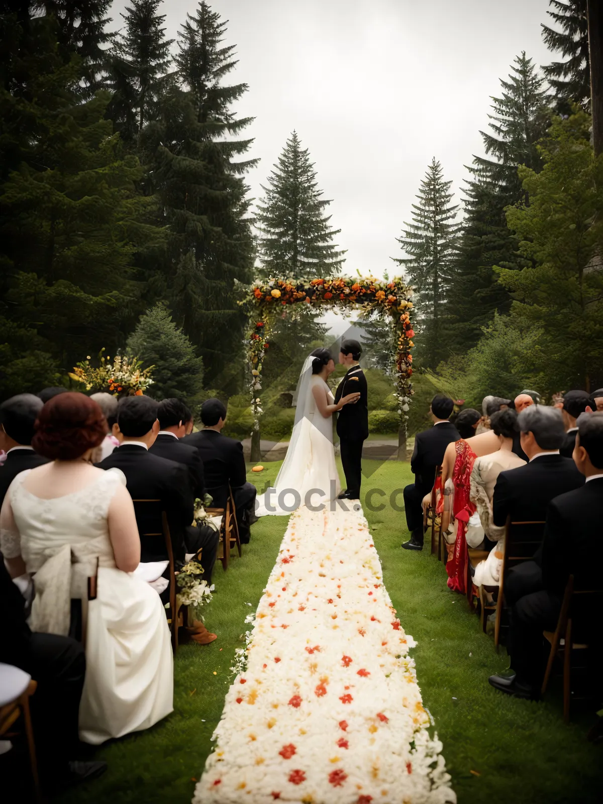 Picture of Happy couple embracing on their wedding day at the park