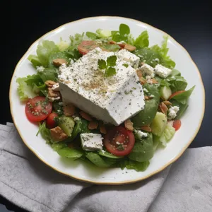 Gourmet salad with fresh vegetables and cheese dressing