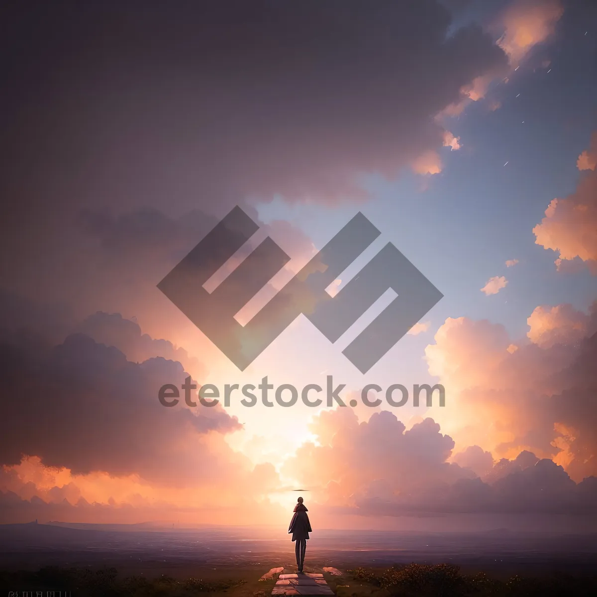 Picture of Vibrant Celestial Sunset Silhouette over Horizon