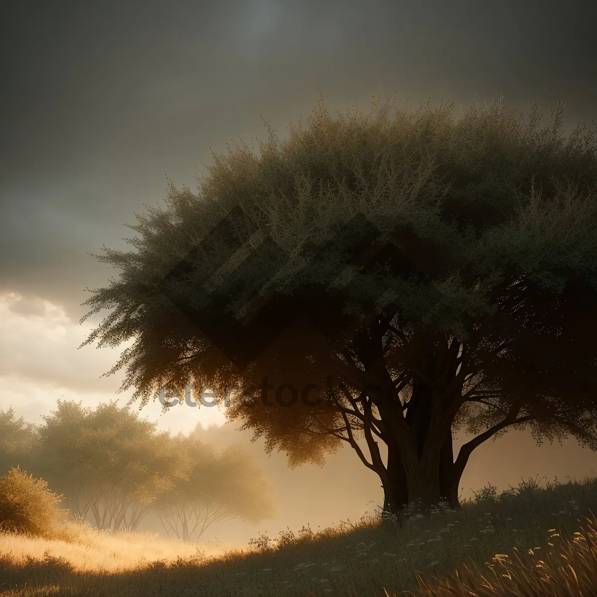 Picture of Serene Sunset Over Rural Meadow with Majestic Trees