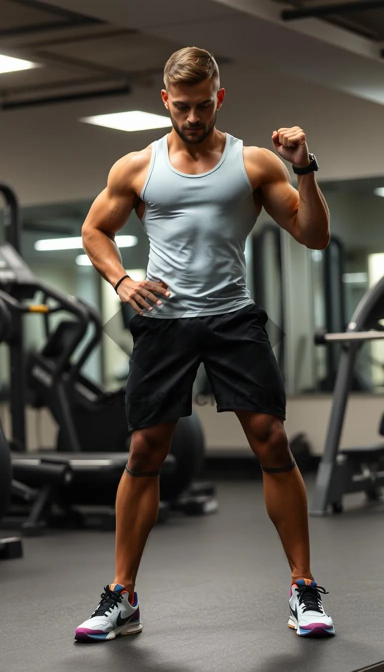 Picture of Fit man training at the gym with dumbbells.