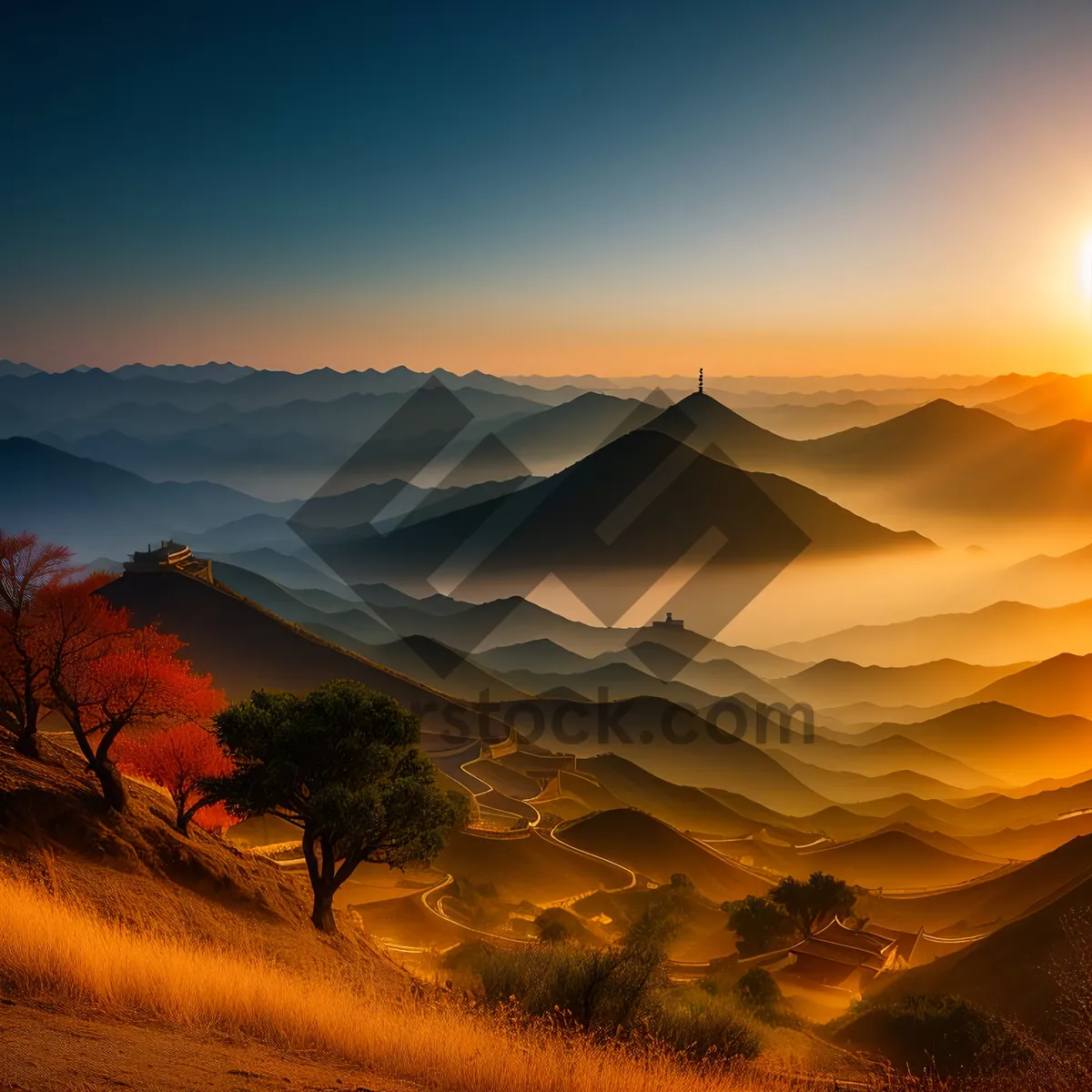 Picture of Golden Horizon: Majestic Sunset over Desert Mountains