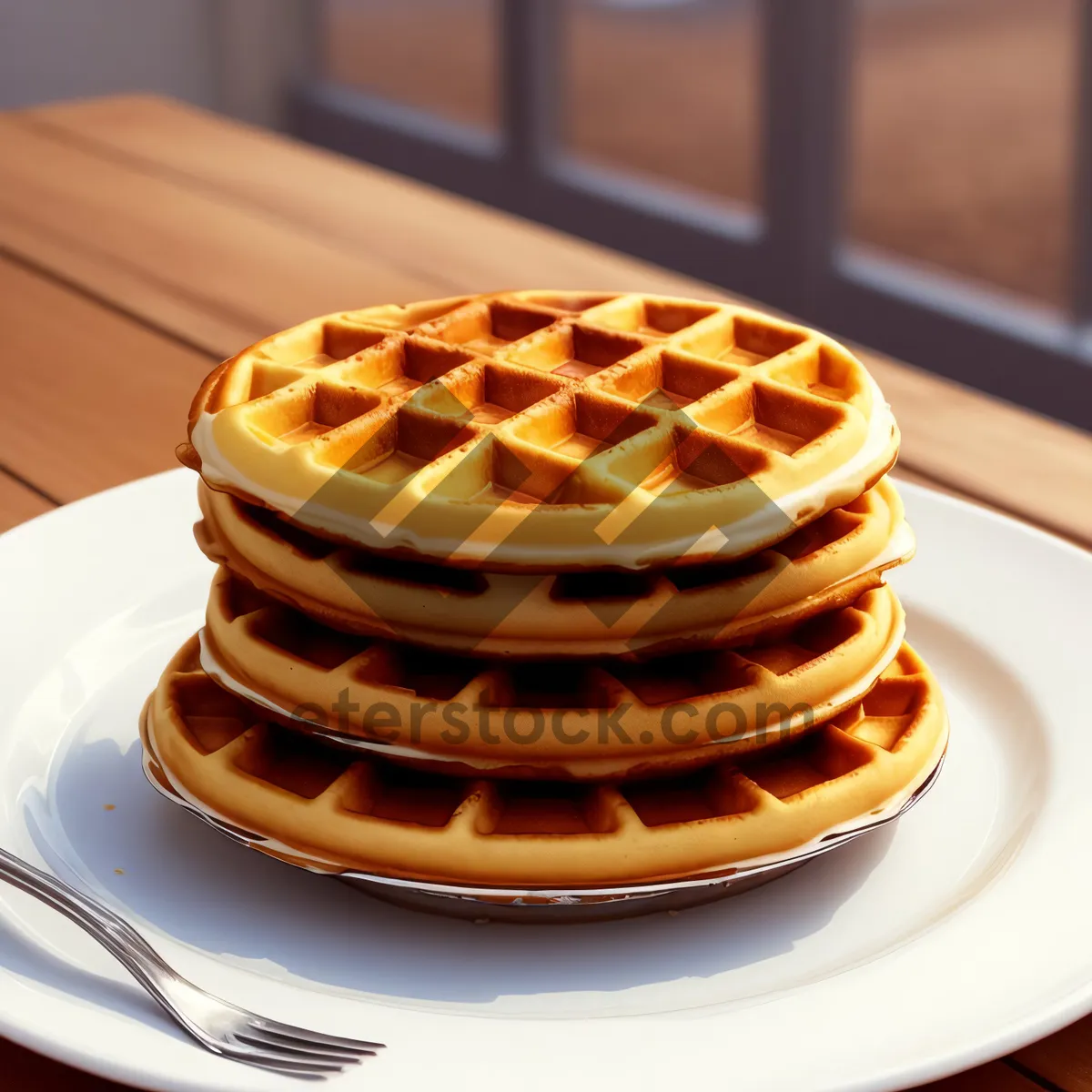 Picture of Delicious chocolate waffle with syrup and coffee.