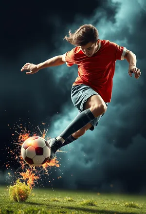 Happy male soccer player in action with ball