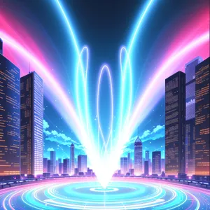 Glittering Laser Fountain in Digital Cityscape