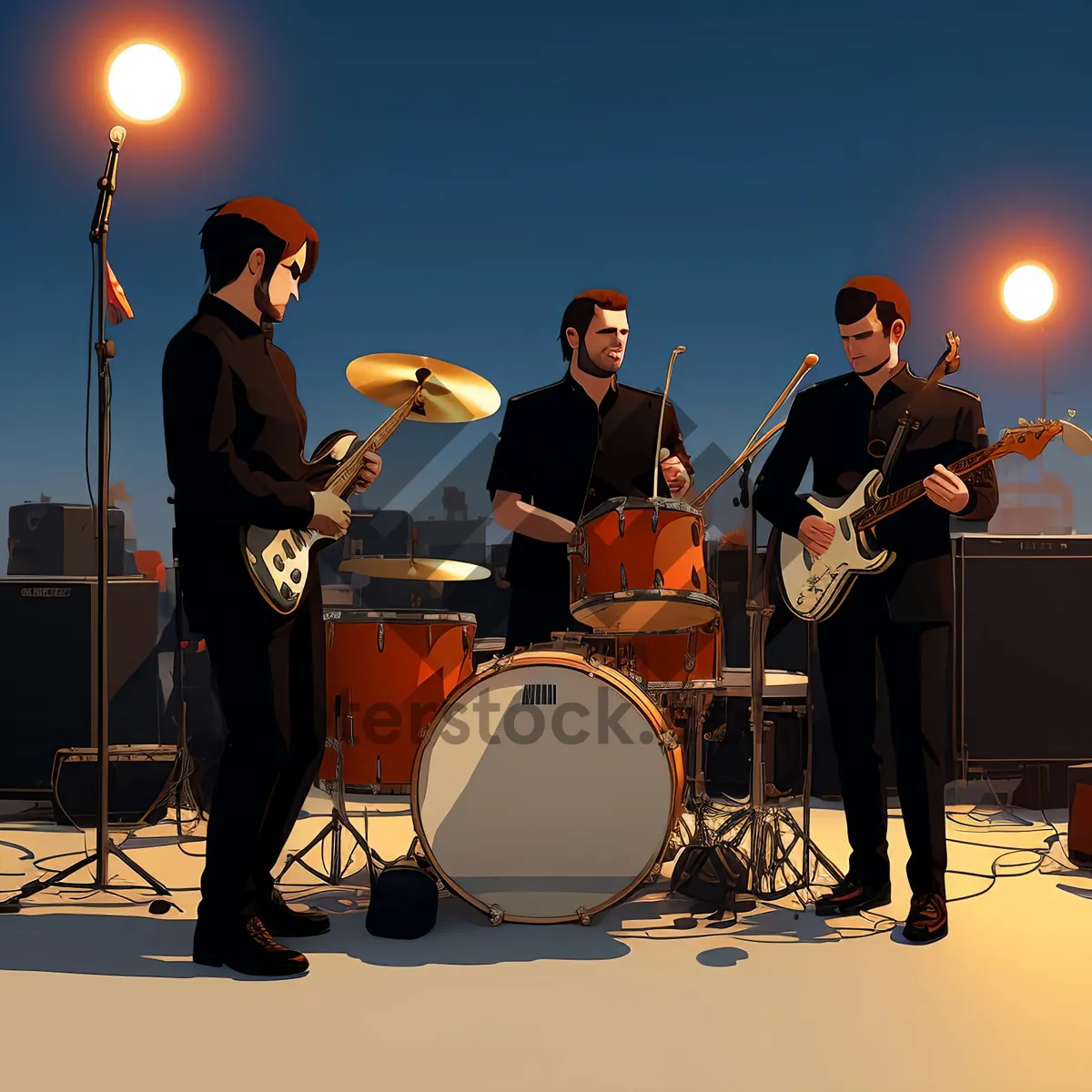 Picture of Rock Band Silhouette on Stage Performing with Instruments