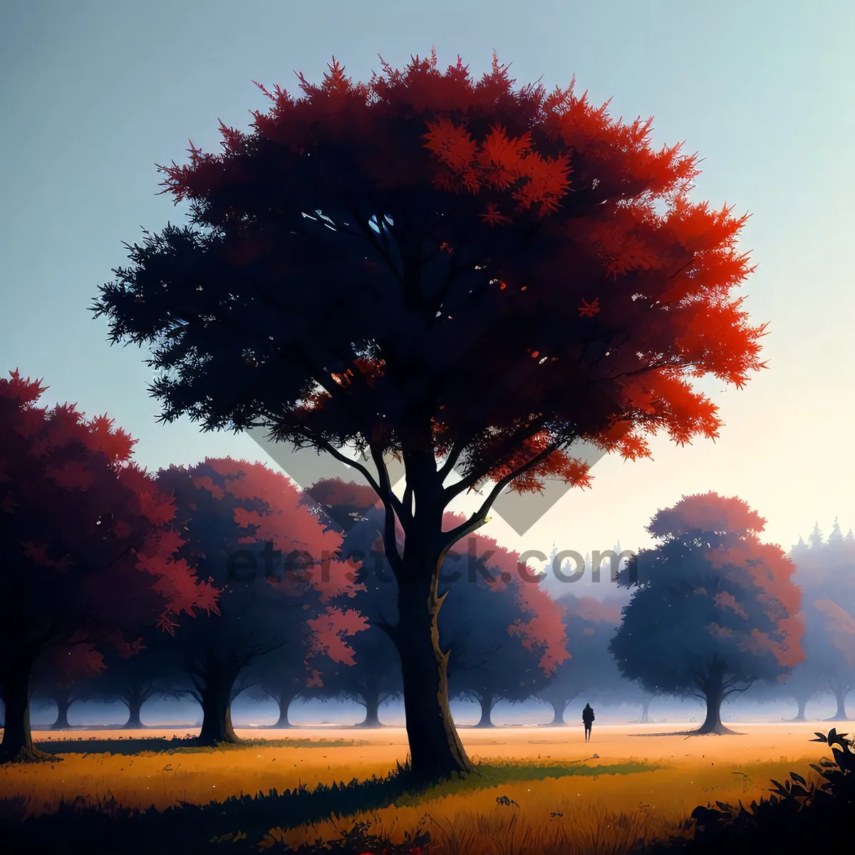 Picture of Autumn Acacia Tree at Sunset in Scenic Landscape