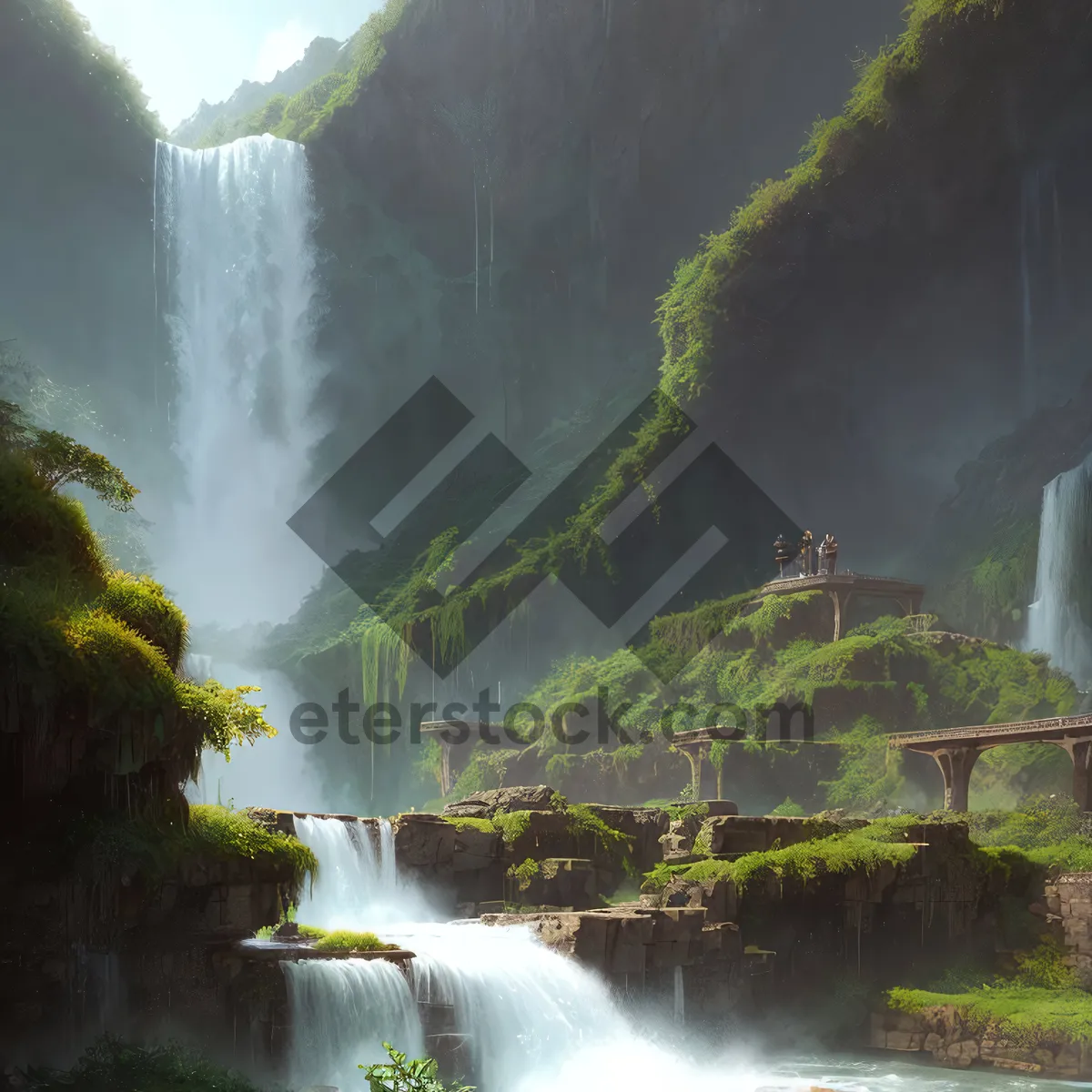 Picture of Serene Cascade in Enchanting Forest Landscape