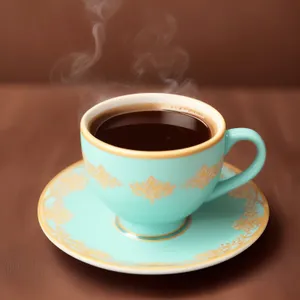 Hot Morning Coffee in Black Mug on Saucer