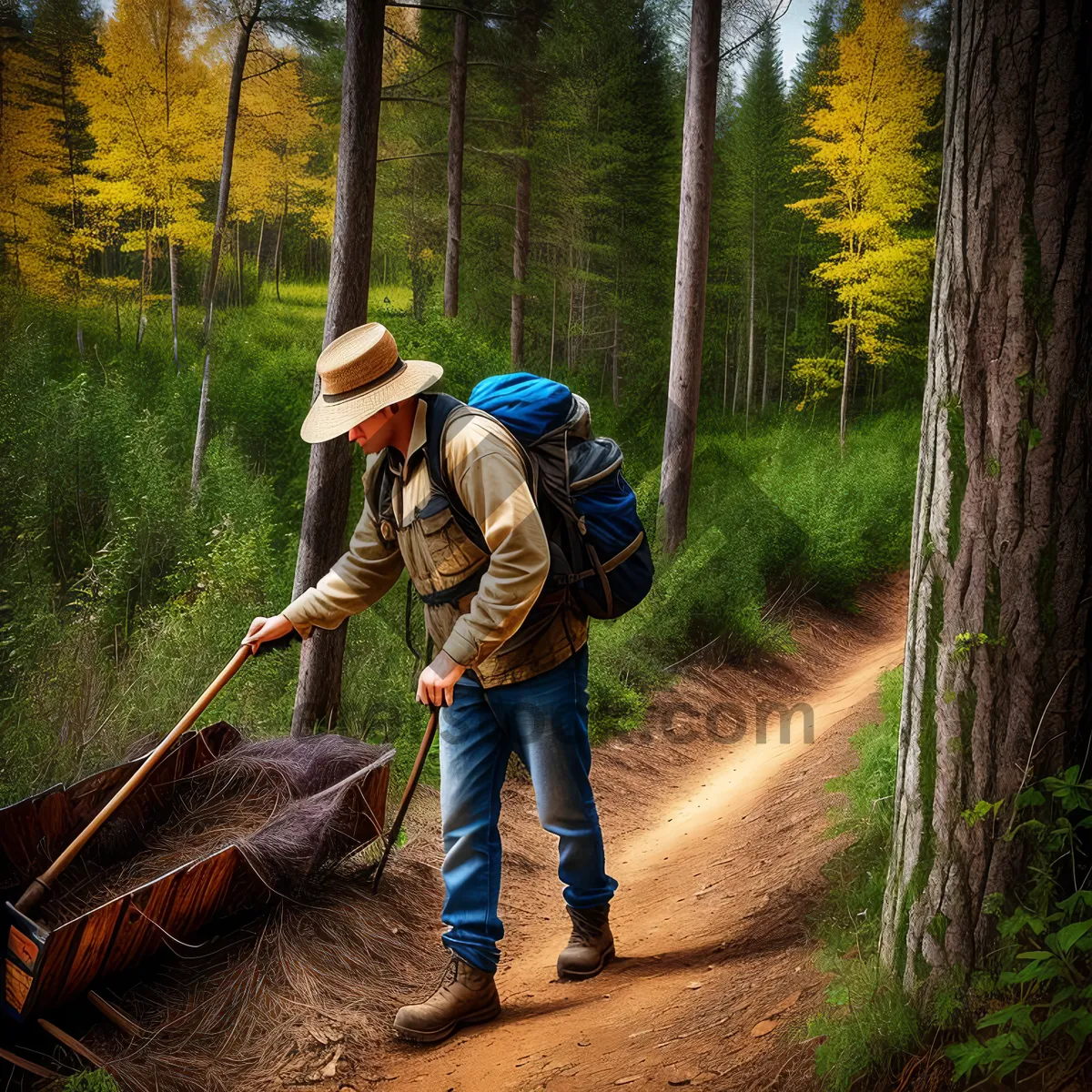 Picture of Fall Farmer Using Rake in Forest