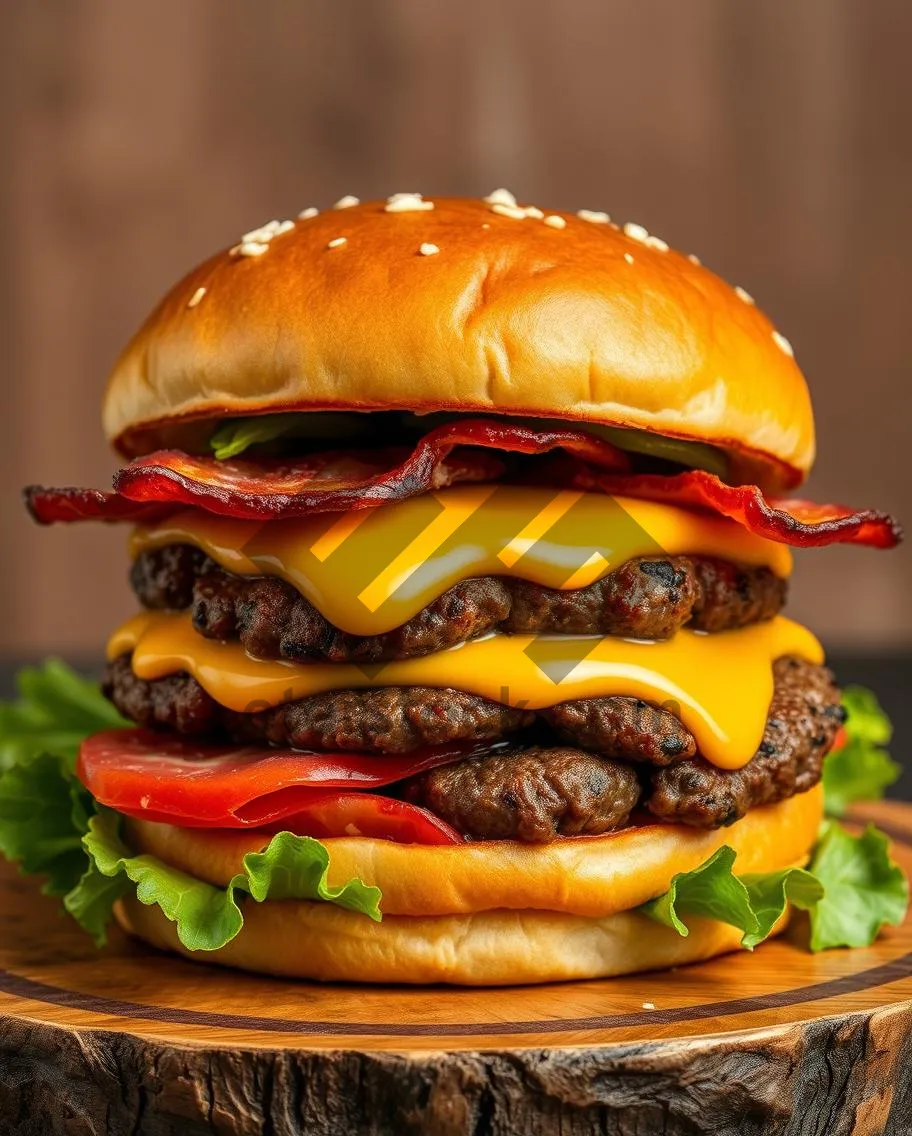 Picture of Delicious Gourmet Cheeseburger with Grilled Beef and Fresh Vegetables