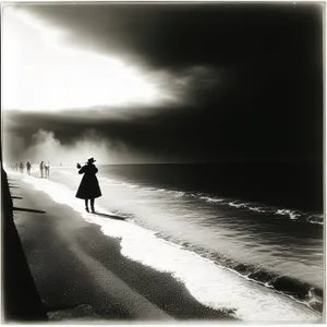 Serenity: Silhouette Man, Sunlit Sky, Beach Horizon