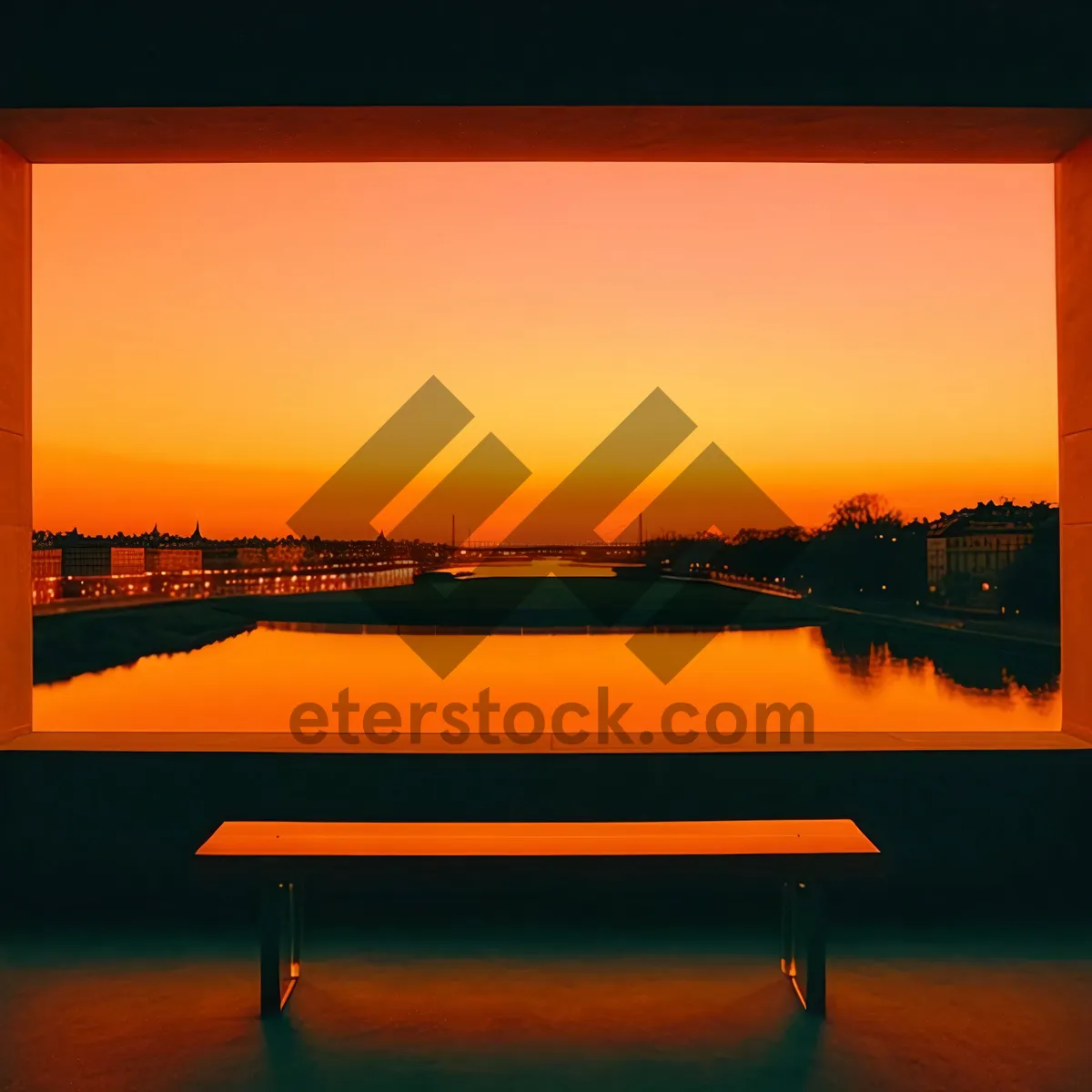 Picture of Orange sunset over beach horizon with silhouette structure