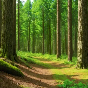 Tranquil Woodland Path in Sunlit Forest