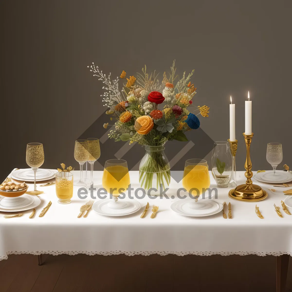 Picture of Luxury dining table setting with candles and wine.