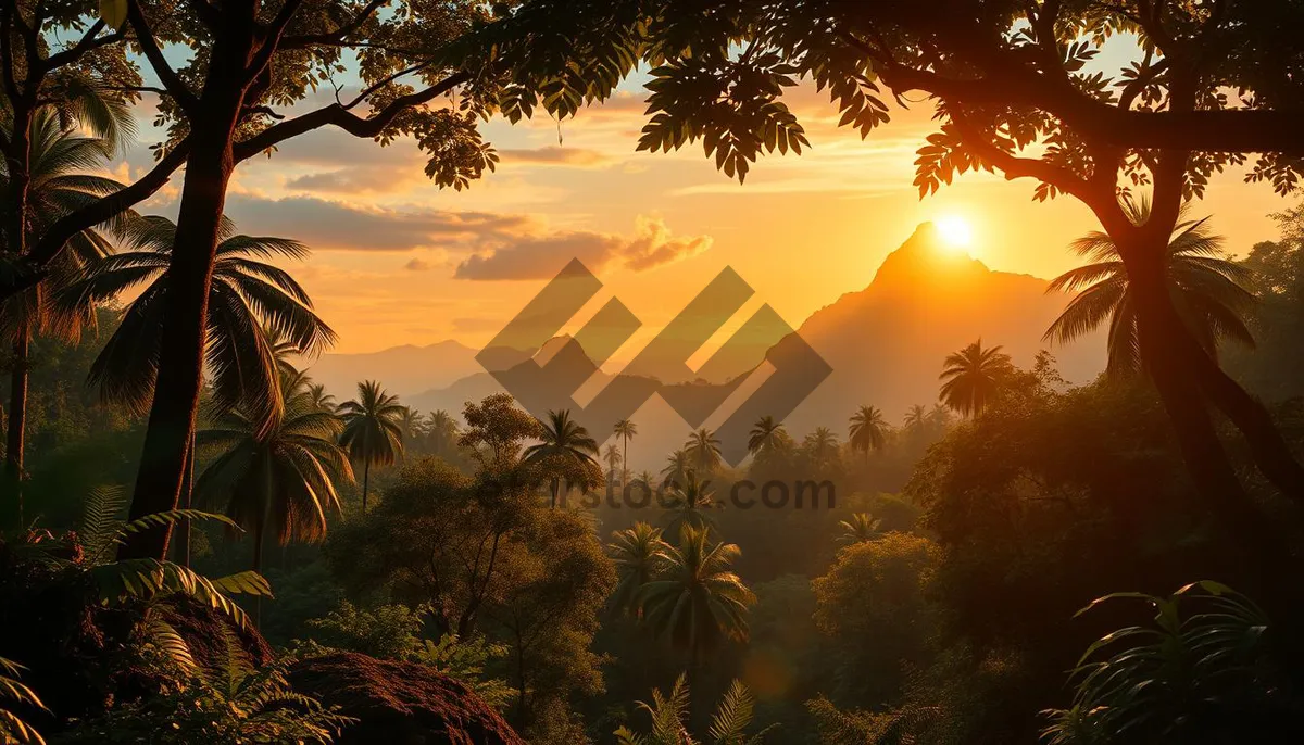 Picture of Tropical sunset over palm tree-lined beach horizon.