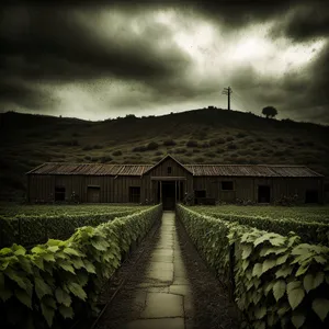 Rural Landscape with Scenic Roofed Farm and Fence