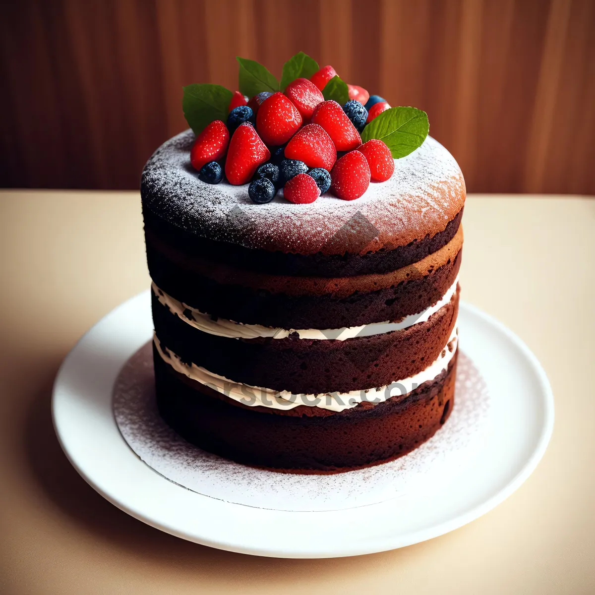 Picture of Delicious Berry Chocolate Cake with Fresh Strawberry and Mint