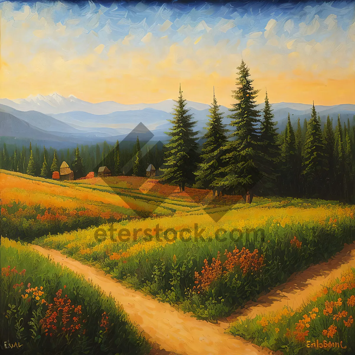 Picture of Rural Farm Landscape with Mountains and Sunny Sky