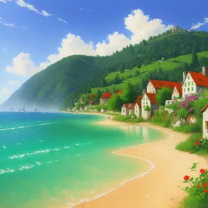 Idyllic Paradise: Serene beach overlooking crystal-clear ocean waters and lush greenery.