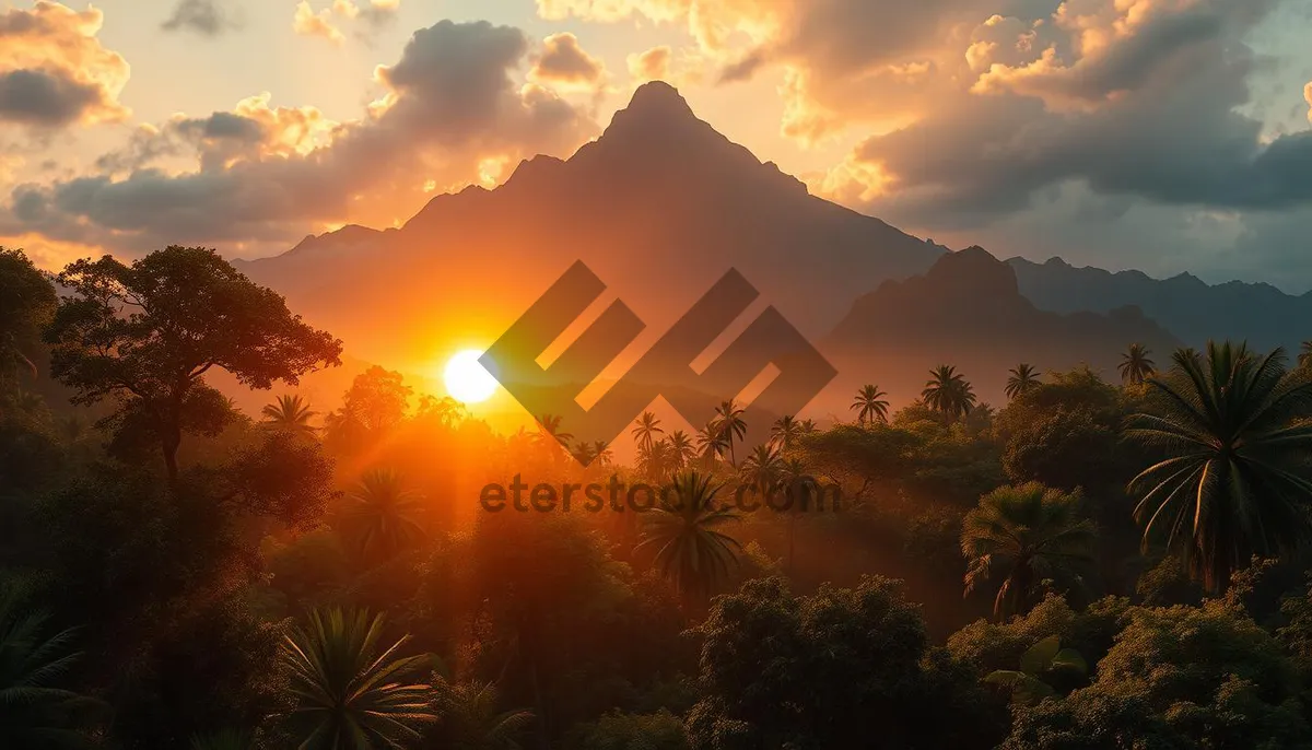 Picture of Silhouetted mountain at orange sunset horizon.