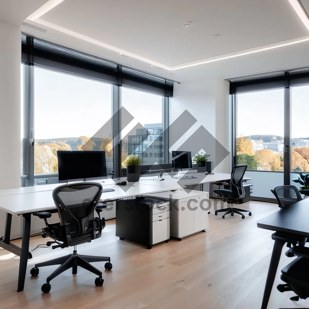 Picture of Modern kitchen interior design with sleek furniture and lighting.