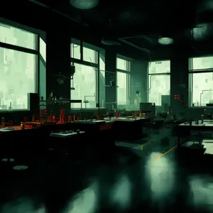 Modern room interior with furniture and table at night