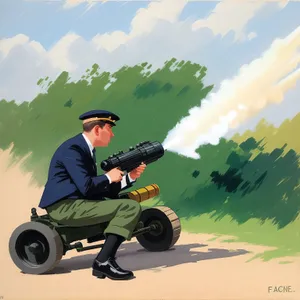 Outdoor Man Operating High-Angle Artillery Cannon