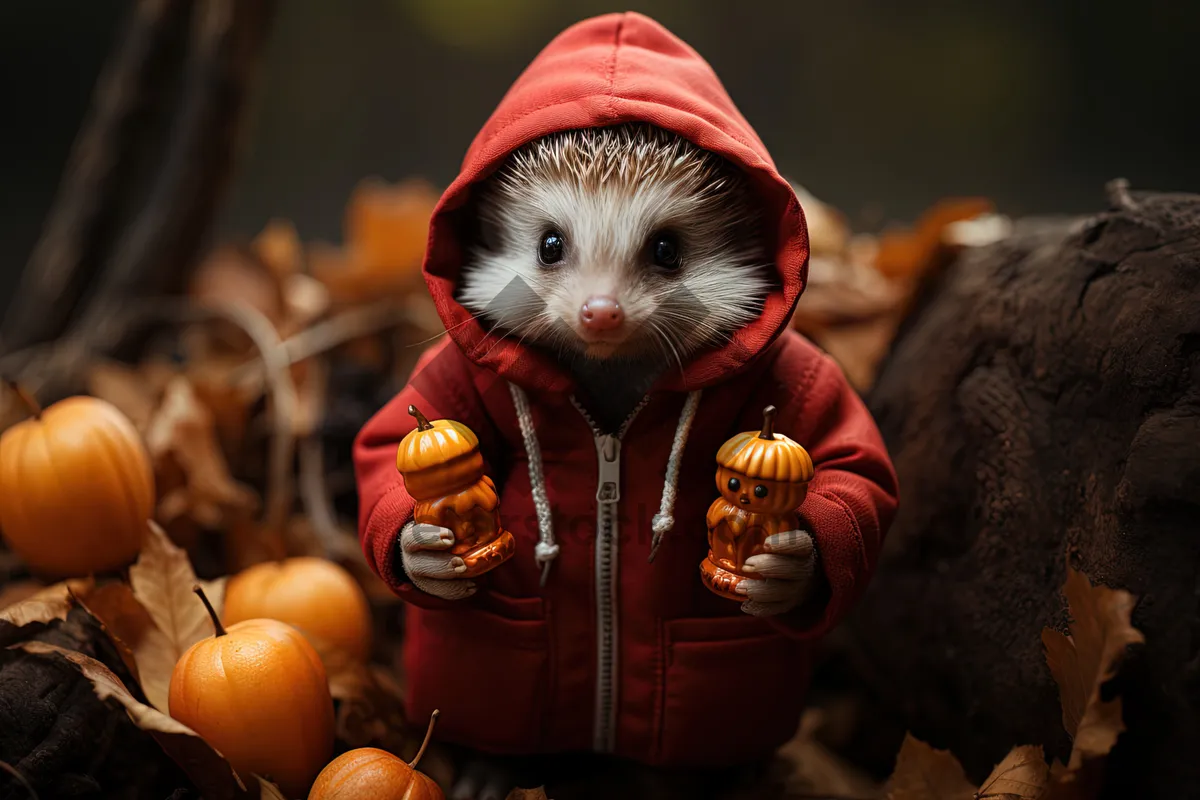 Picture of Cute Child Portrait with Little Opossum and Pumpkin