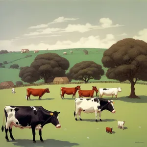 Idyllic Countryside Field with Grazing Cow Herd