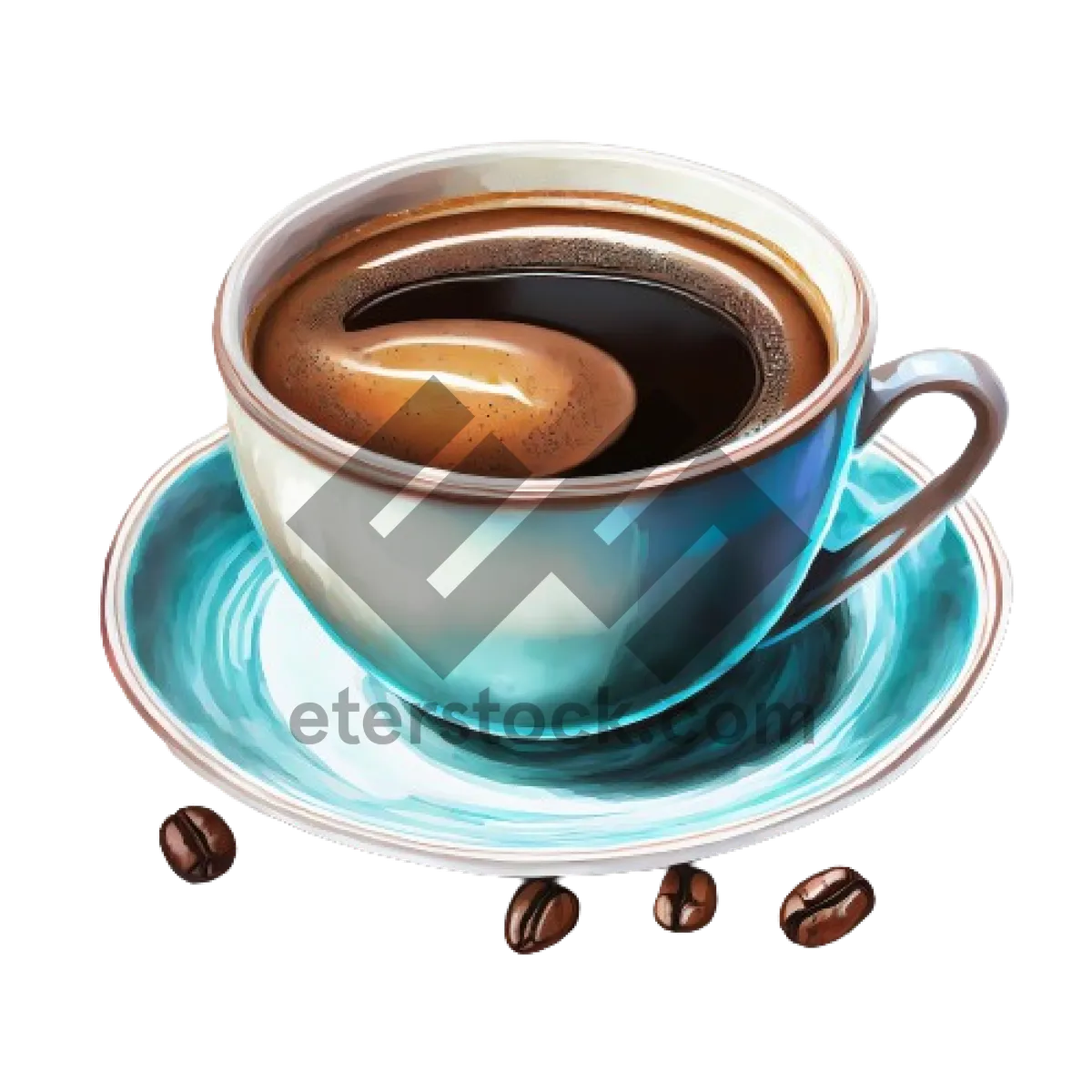 Picture of Hot espresso in black cup with spoon on saucer.