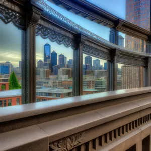 Urban Library with Columns and City View