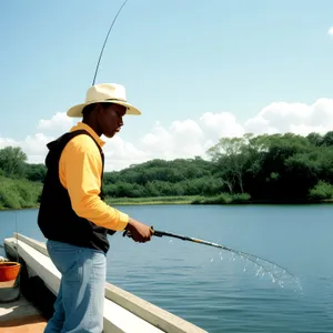 Active Fisherman with Fishing Gear on a Boat