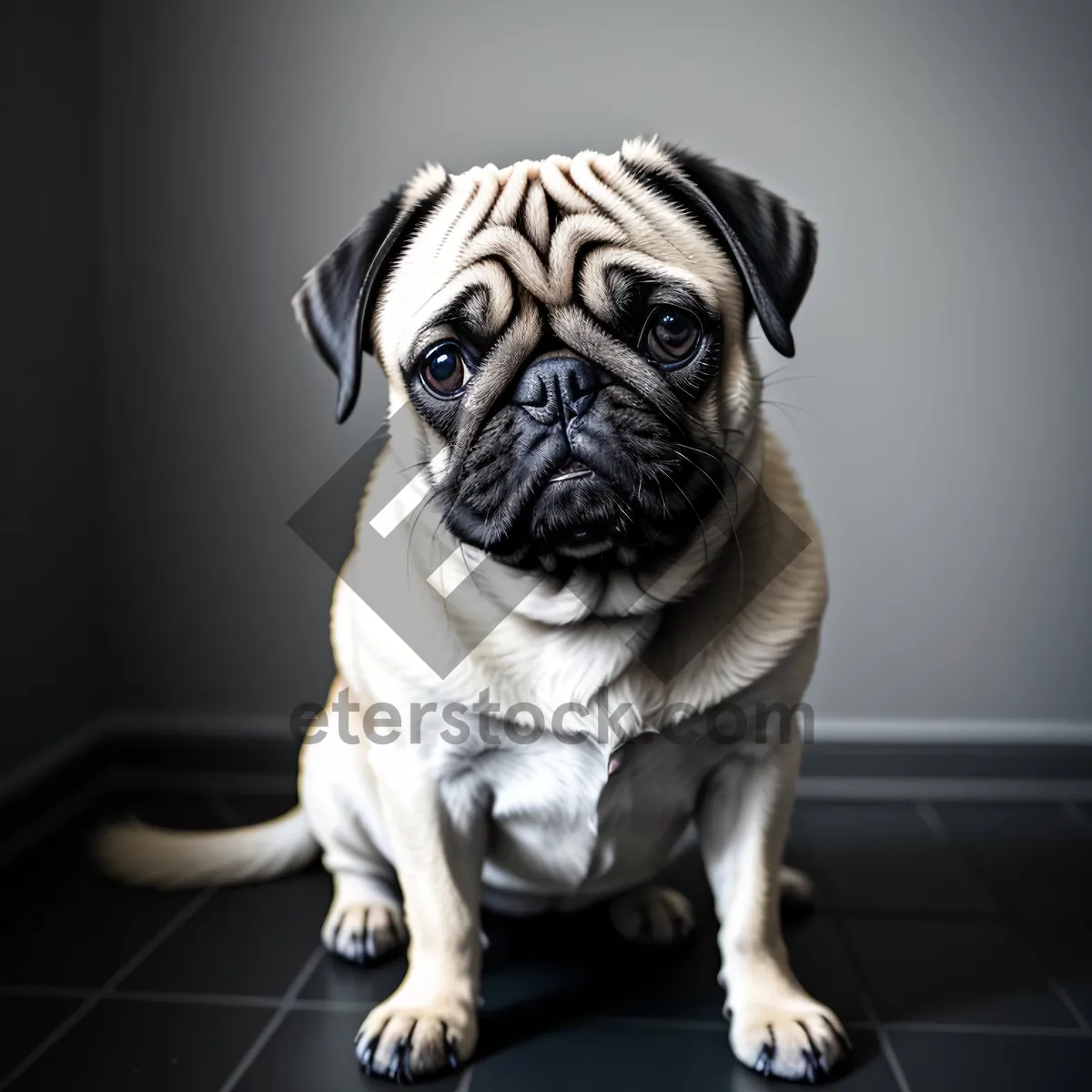 Picture of Adorable wrinkled pug puppy portrait, cute and funny!