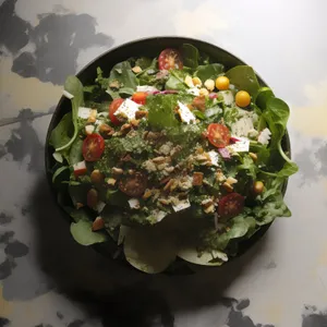 Fresh Vegetable Salad Plate with Delicious Tomato Sauce