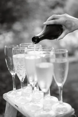 Party table with glassware and wine bottles