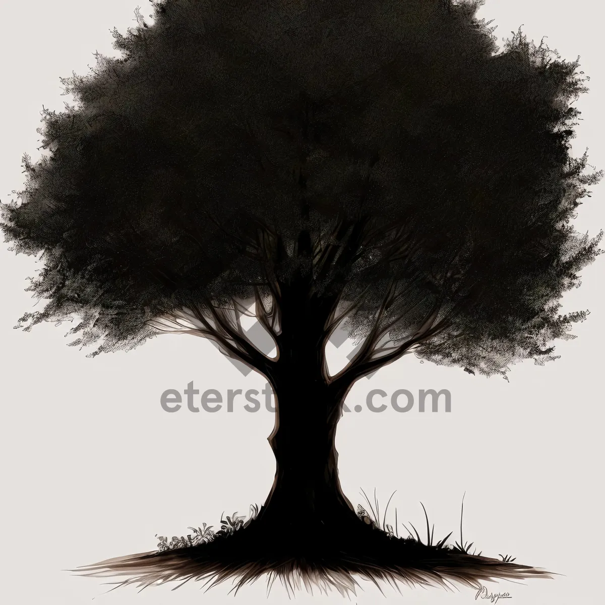 Picture of Oak Tree Silhouette in Summer Forest