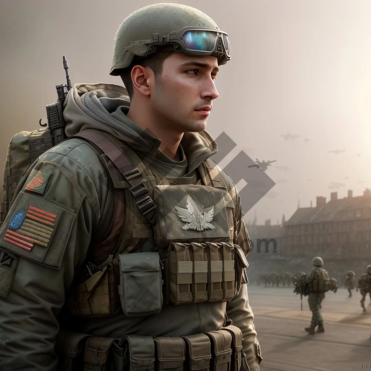 Picture of Combat-ready Soldier in Military Uniform with Bulletproof Vest