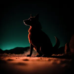 Silhouette of a Shepherd Dog Enjoying the Beach at Dusk