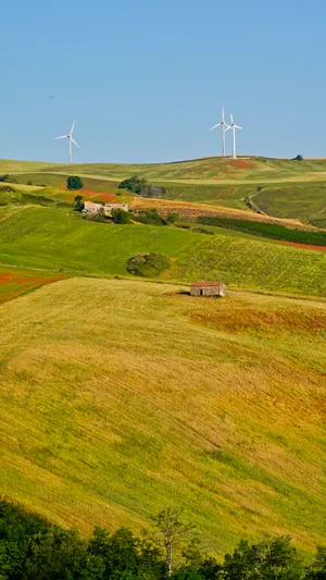 Summer landscape with clouds on rural hill.