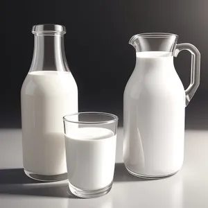 Transparent glass milk container with liquid inside.
